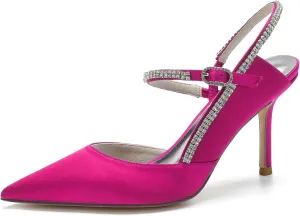 Women's Ankle Strap Prom Party Slingback Shoes Pumps Pointed Satin Wedding for Bride Comfortable Bridal Shoes with Crystal