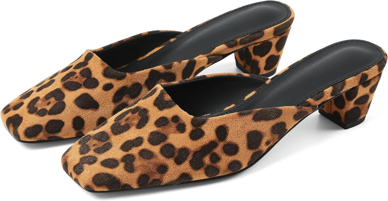 Women's Black Mules Block Kitten Heels Closed Square Toe Slip On Slingback Casual Dress Shoes