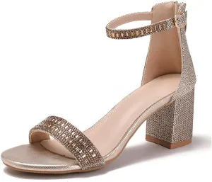Women's Block Chunky Heel Sandals with Rhinestones & Ankle Straps Open Toe Dressy Sparkly Dress Pump High Heels Sandals for Weddings, Prom and Party