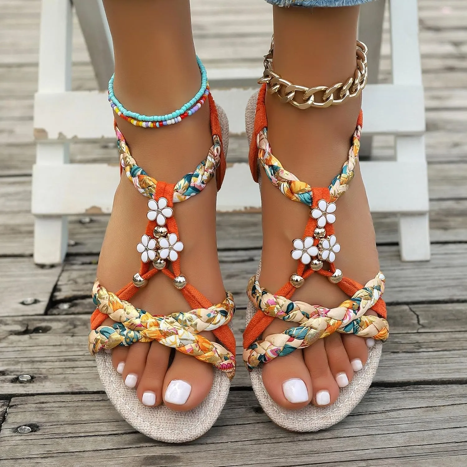 Womens Bohemian Beach Sandals Summer Vacation Flip Flops Open Toe Vintage Thong Flats Ankle Strap Wide Width Sandals