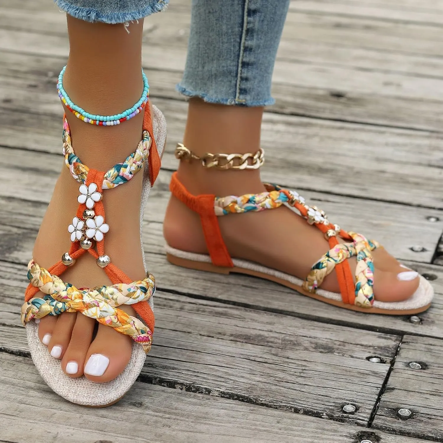Womens Bohemian Beach Sandals Summer Vacation Flip Flops Open Toe Vintage Thong Flats Ankle Strap Wide Width Sandals