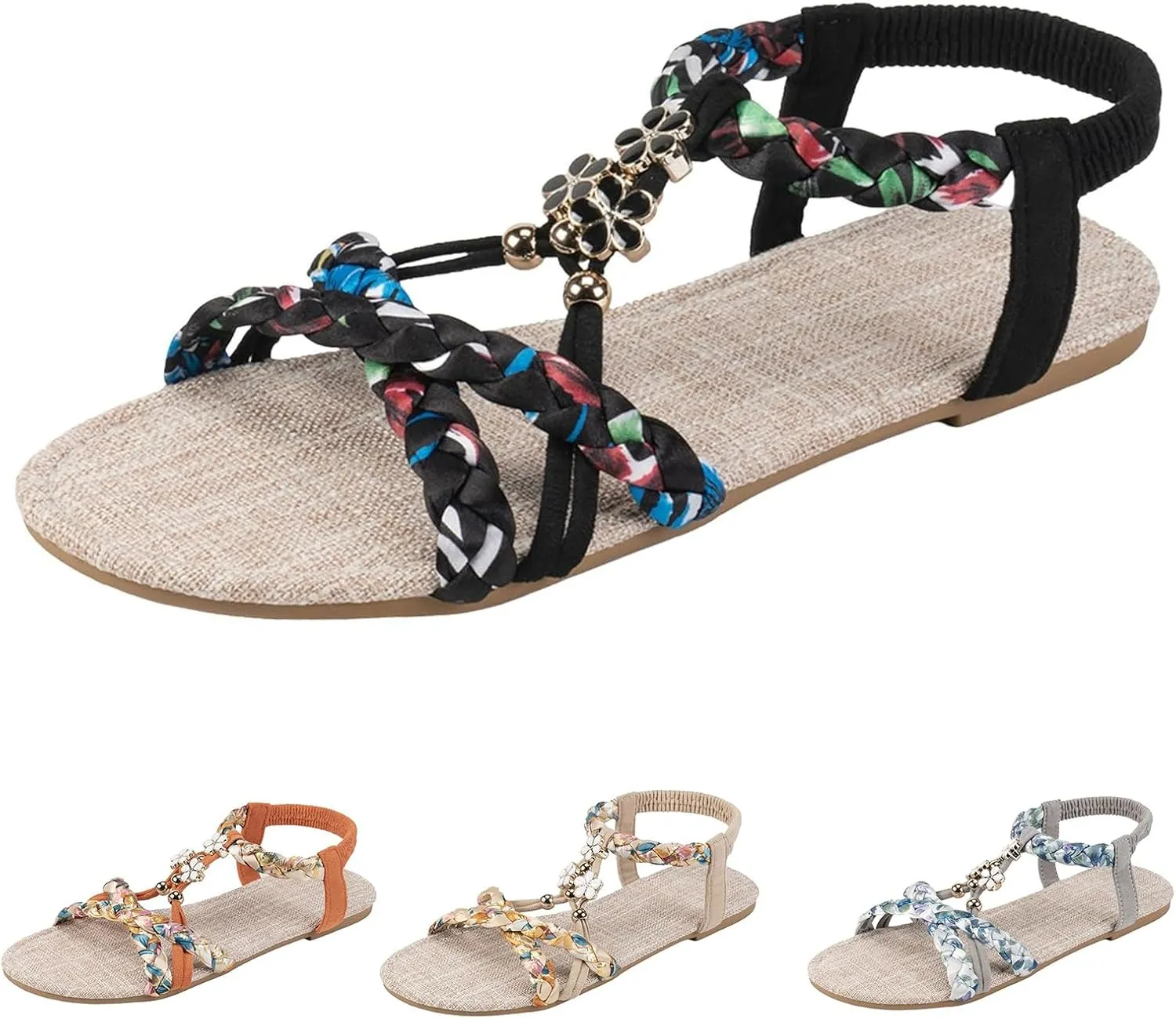 Womens Bohemian Beach Sandals Summer Vacation Flip Flops Open Toe Vintage Thong Flats Ankle Strap Wide Width Sandals
