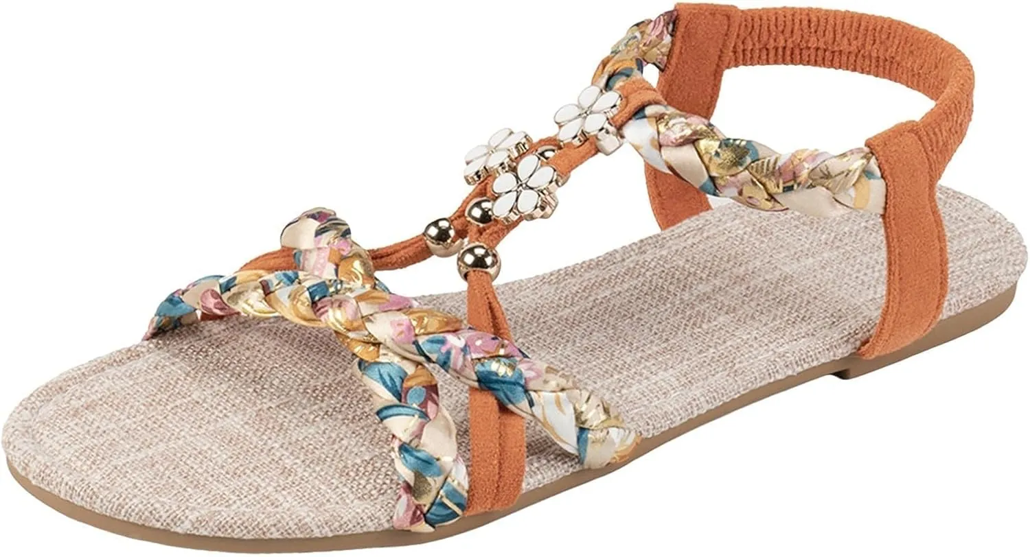Womens Bohemian Beach Sandals Summer Vacation Flip Flops Open Toe Vintage Thong Flats Ankle Strap Wide Width Sandals