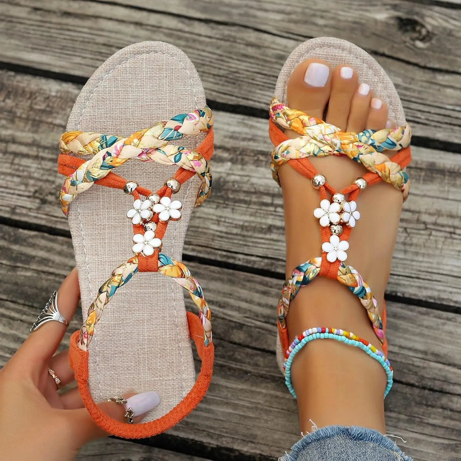 Womens Bohemian Beach Sandals Summer Vacation Flip Flops Open Toe Vintage Thong Flats Ankle Strap Wide Width Sandals