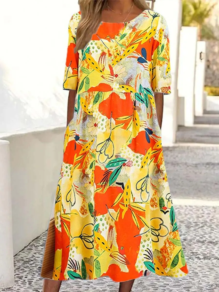 Women's Boho Floral Flowy A Line Midi Dress Loose Summer Casual Short Sleeve Beach Vacation Dresses with Pockets