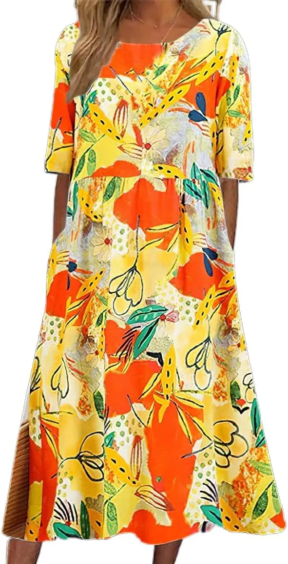 Women's Boho Floral Flowy A Line Midi Dress Loose Summer Casual Short Sleeve Beach Vacation Dresses with Pockets