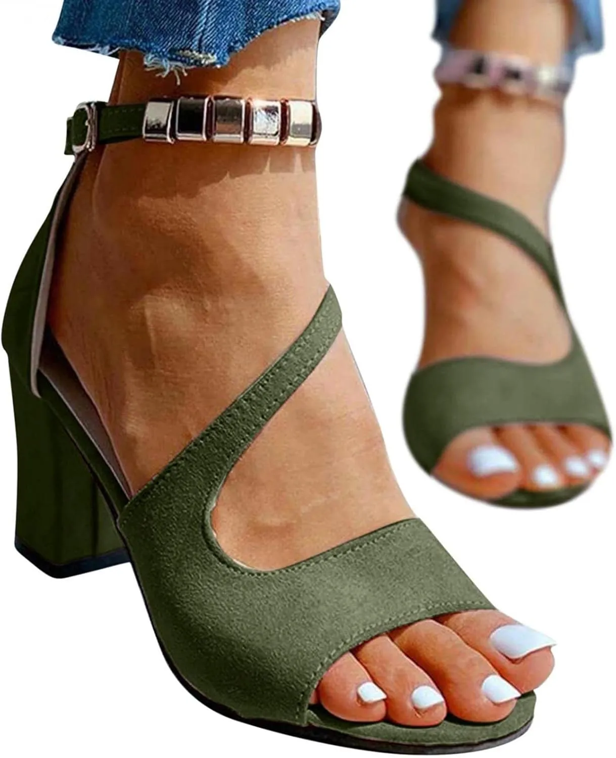 Womens Buckle Strap Chunky Sandals Summer Casual Fish Mouth Peep Toe Beaded Hollow Thick High Heels Sandalias Novelty Comfy Outdoor Ladies Shoes
