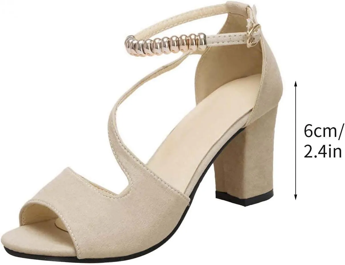 Womens Buckle Strap Chunky Sandals Summer Casual Fish Mouth Peep Toe Beaded Hollow Thick High Heels Sandalias Novelty Comfy Outdoor Ladies Shoes