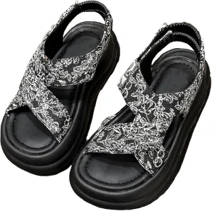 Women'S Chinese Style Embroidered Cross Strap Platform Sandals Elastic Ankle Strap Fashion Round Open Toe Slip On Memory Foam Chunky Sole Roman Sandals For Beach Walking Party