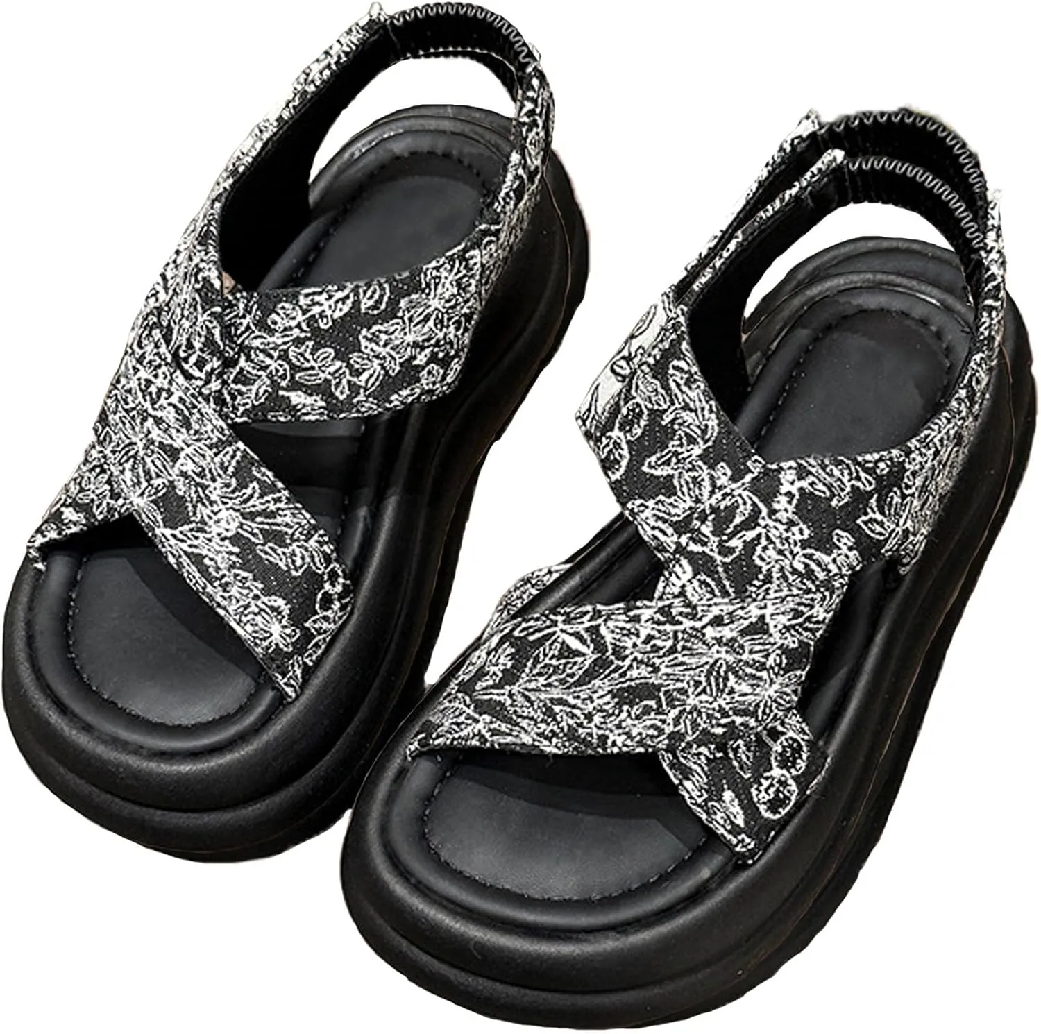 Women'S Chinese Style Embroidered Cross Strap Platform Sandals Elastic Ankle Strap Fashion Round Open Toe Slip On Memory Foam Chunky Sole Roman Sandals For Beach Walking Party