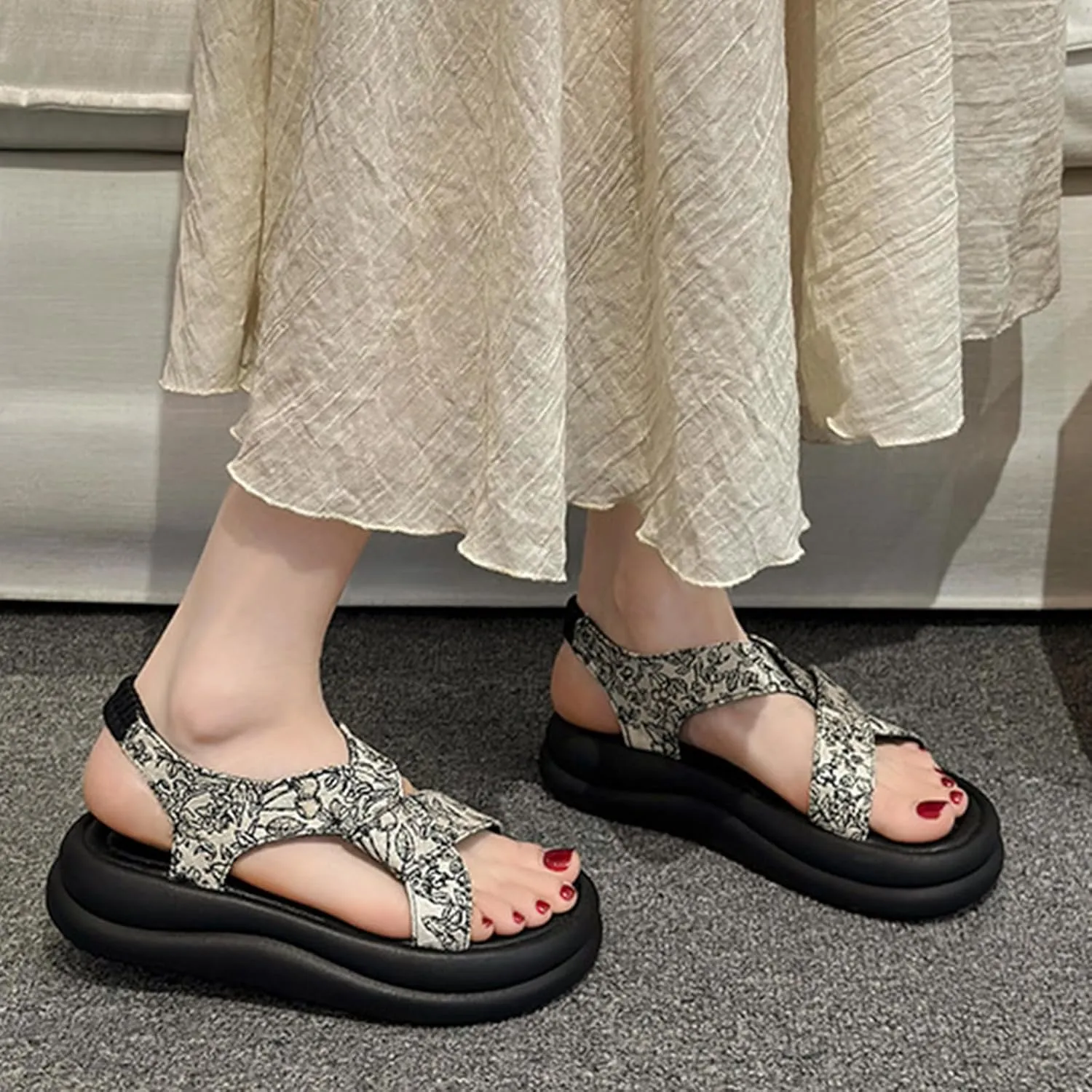 Women'S Chinese Style Embroidered Cross Strap Platform Sandals Elastic Ankle Strap Fashion Round Open Toe Slip On Memory Foam Chunky Sole Roman Sandals For Beach Walking Party