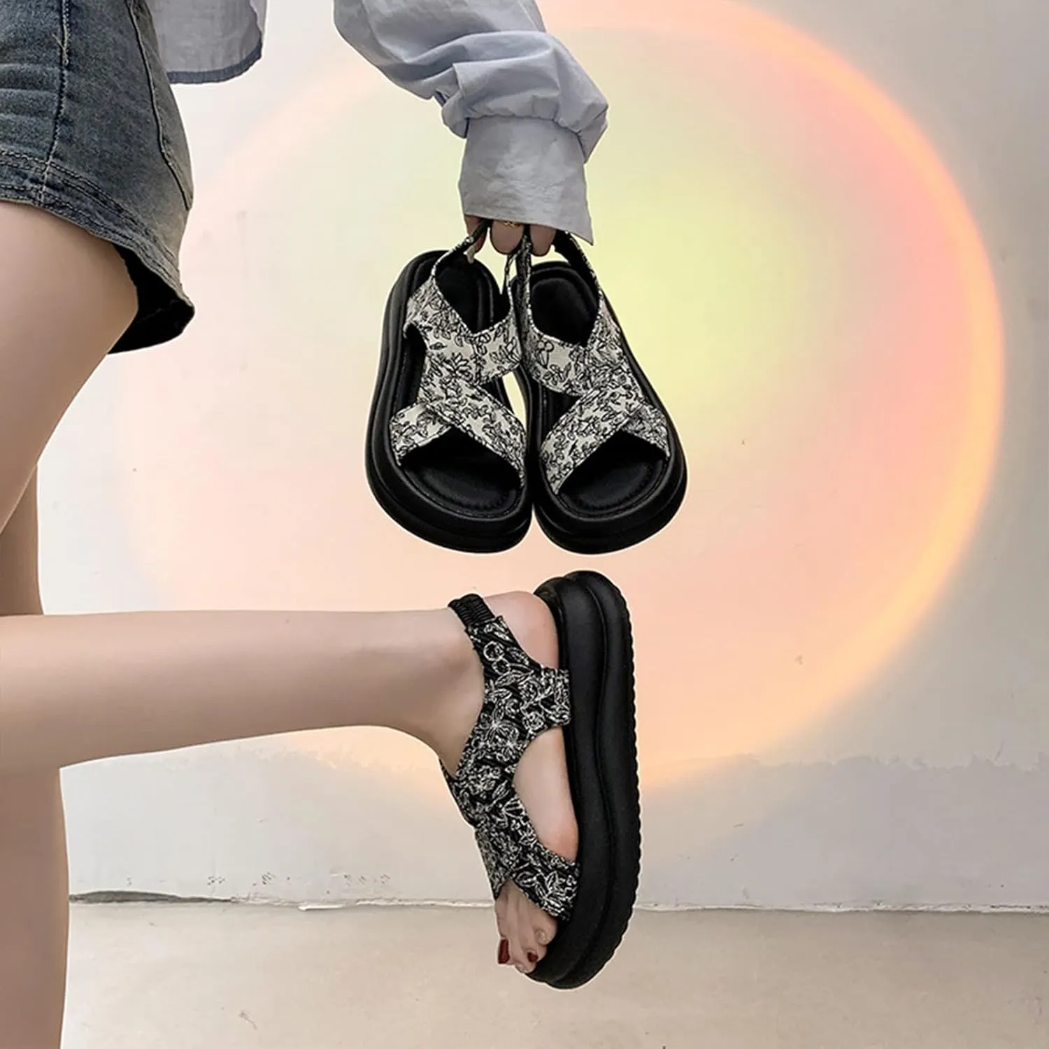 Women'S Chinese Style Embroidered Cross Strap Platform Sandals Elastic Ankle Strap Fashion Round Open Toe Slip On Memory Foam Chunky Sole Roman Sandals For Beach Walking Party