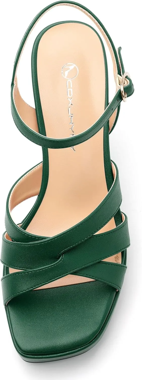 Women's Chunky Platform High Heels Block Heeled Sandals Open Square Toe Ankle Strap Dress Wedding Party Sandal Shoes 3.3''