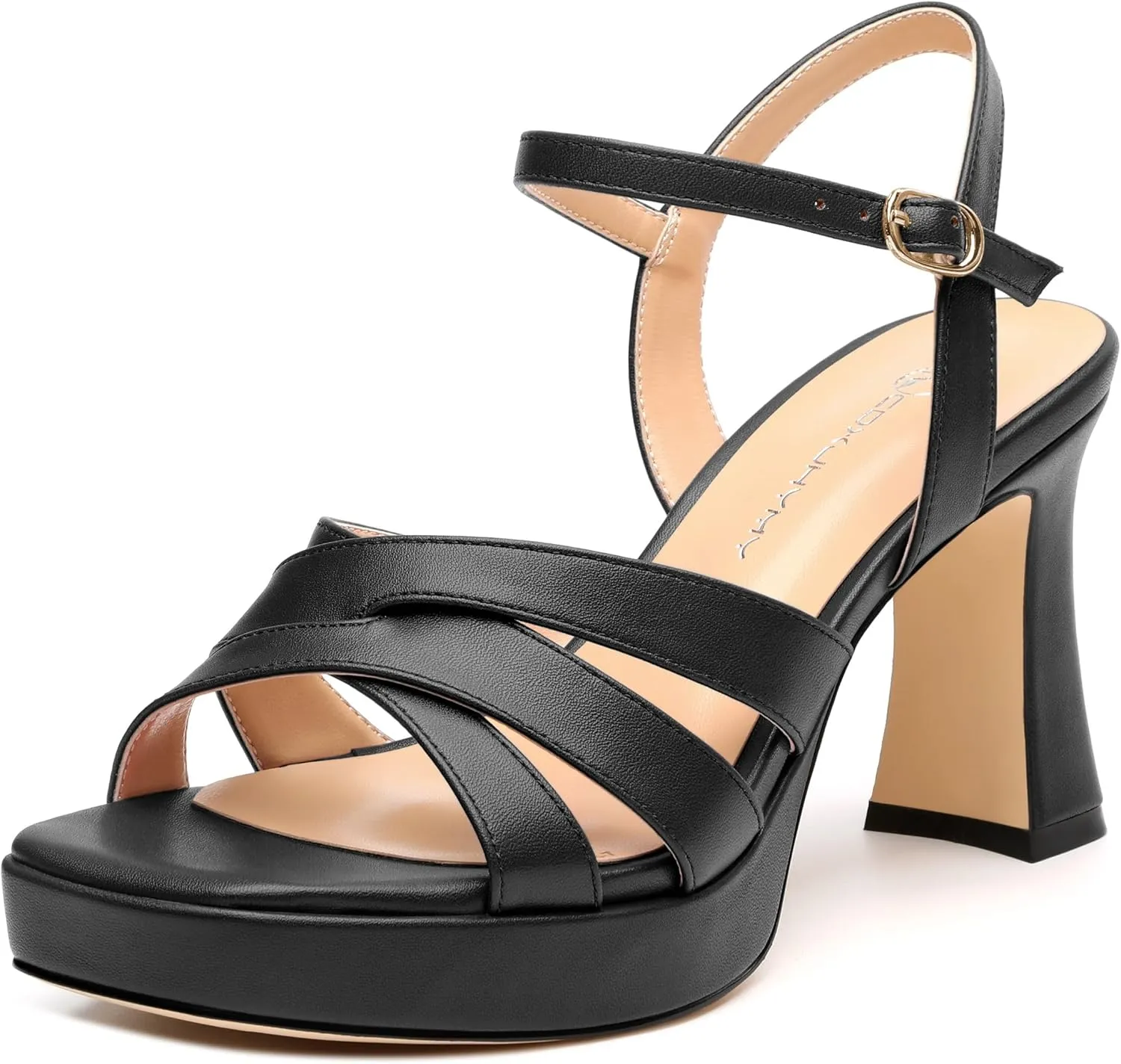 Women's Chunky Platform High Heels Block Heeled Sandals Open Square Toe Ankle Strap Dress Wedding Party Sandal Shoes 3.3''