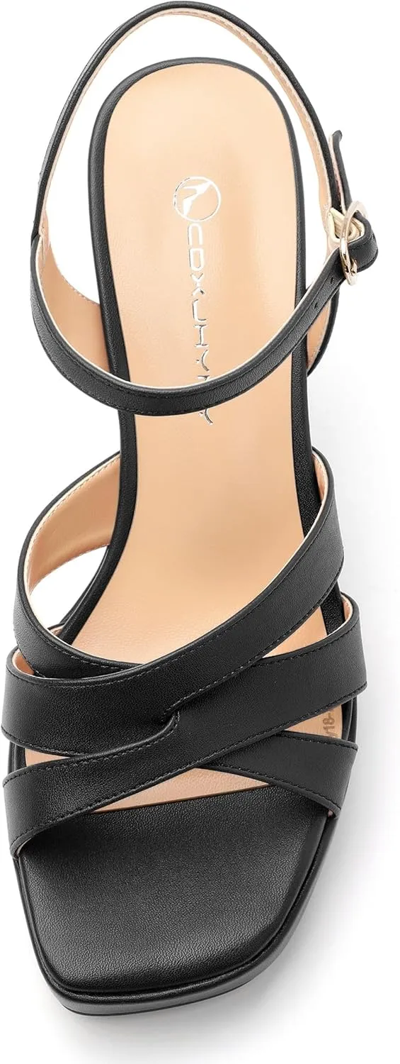 Women's Chunky Platform High Heels Block Heeled Sandals Open Square Toe Ankle Strap Dress Wedding Party Sandal Shoes 3.3''