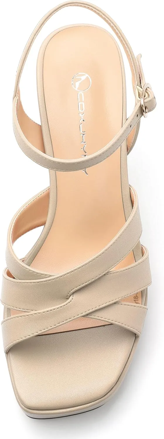 Women's Chunky Platform High Heels Block Heeled Sandals Open Square Toe Ankle Strap Dress Wedding Party Sandal Shoes 3.3''