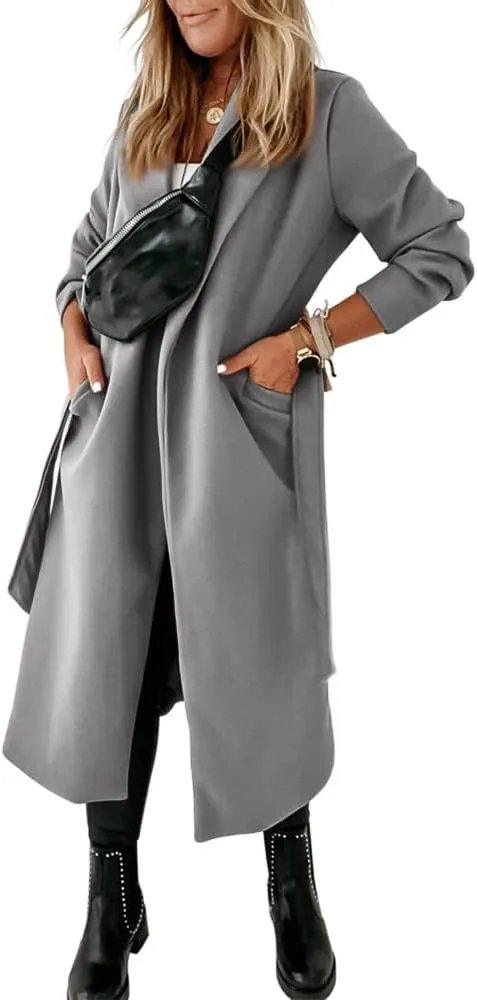 Womens Classic Coat Lapel Collar Open Front Belted Long Jacket