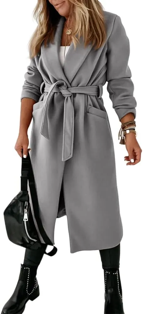 Womens Classic Coat Lapel Collar Open Front Belted Long Jacket