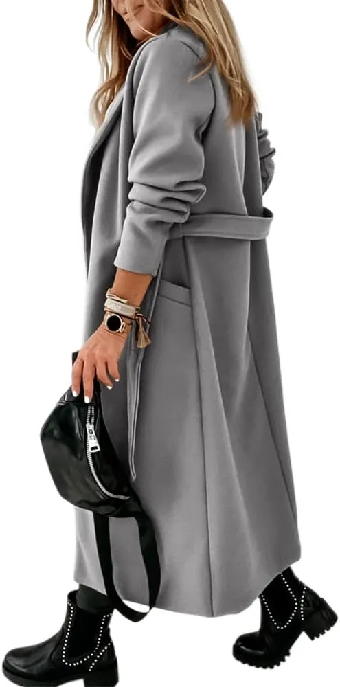 Womens Classic Coat Lapel Collar Open Front Belted Long Jacket