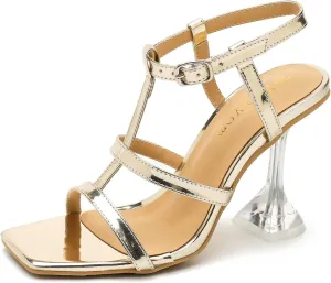 Women's Clear High Heeled Sandals Sexy Kitten Heels Square Toe Ankle Strap Wedding Dress Party Shoes