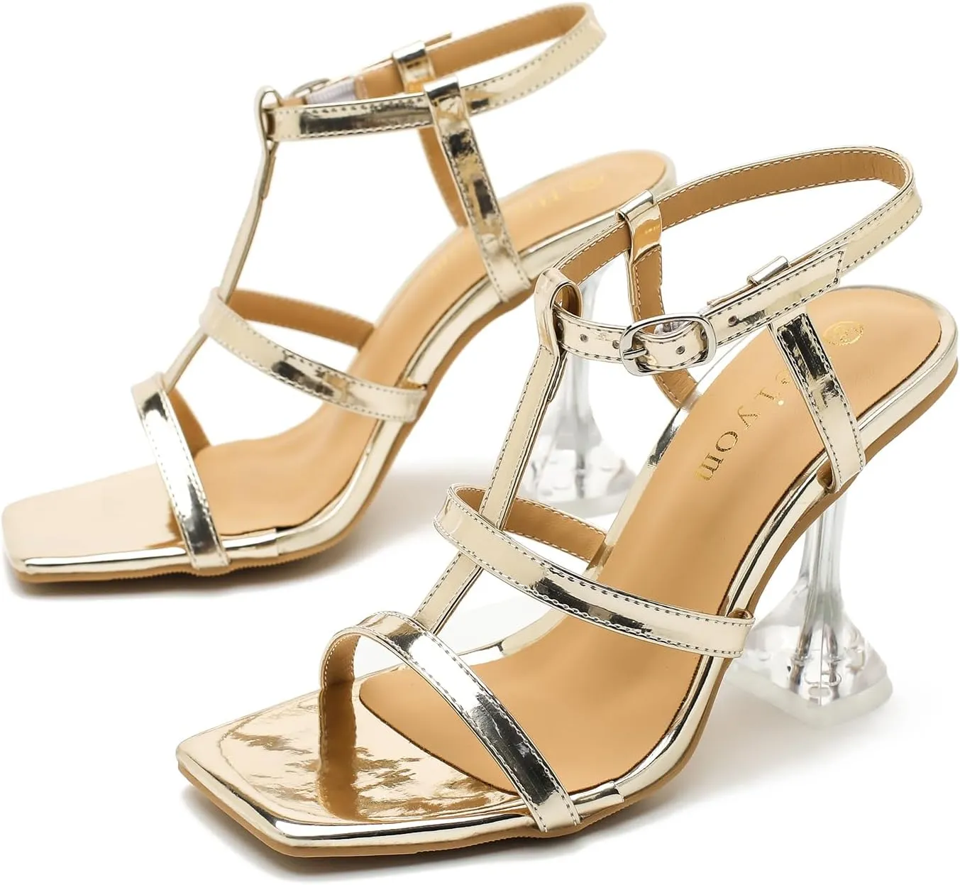 Women's Clear High Heeled Sandals Sexy Kitten Heels Square Toe Ankle Strap Wedding Dress Party Shoes