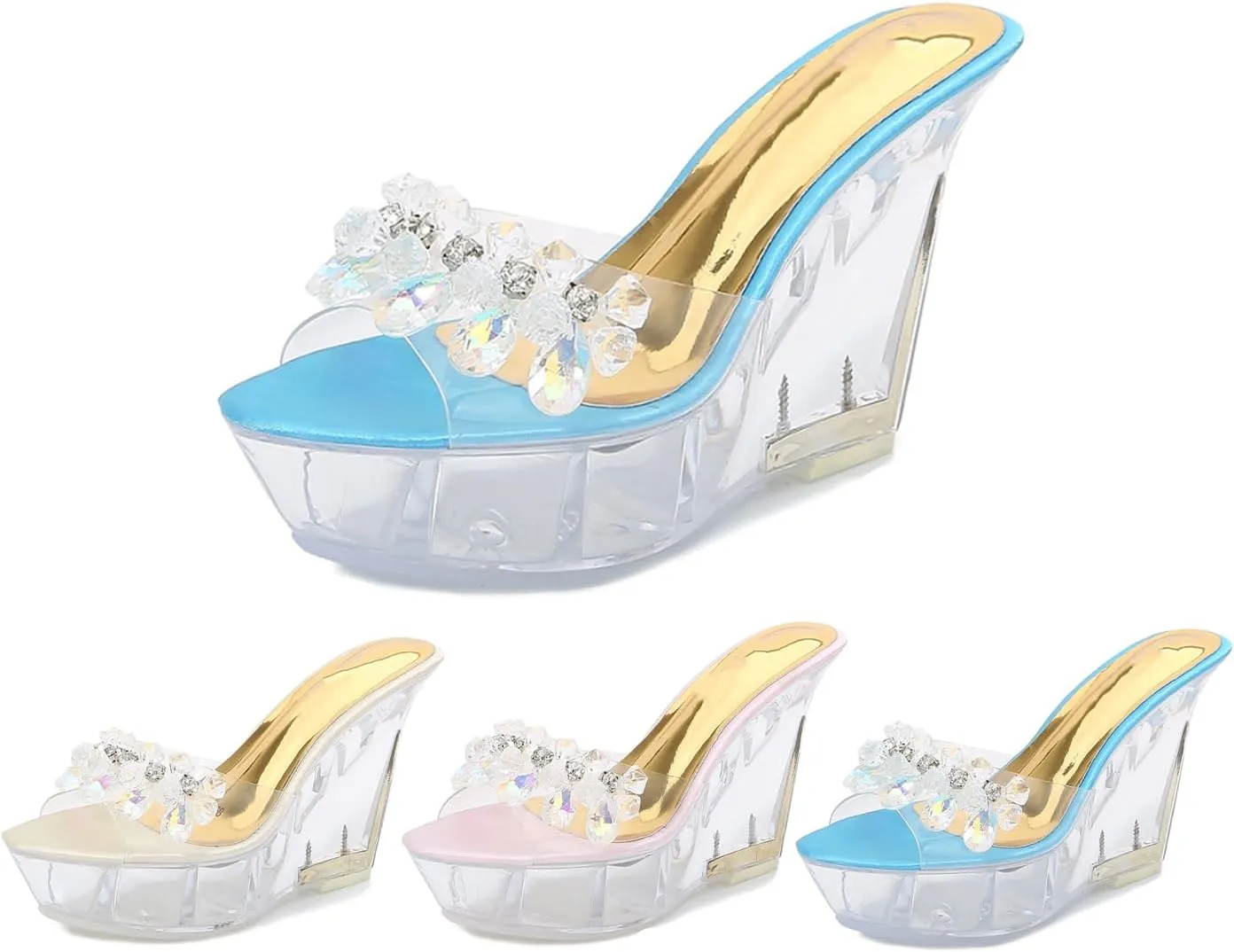 Women's Clear Wedge Sandals with Rhinestones – Open Toe Slip-On Heels, Transparent High Platform Mules for Summer Parties, Weddings & Daily Chic Style