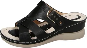 Women's Comfortable Sandals with Arch Suppor Open Toe Cross Strap Slip On Wedge Sandals Soft Sole Casual Buckle Slippers for Summer Beach Oceanside Holiday Outdoor