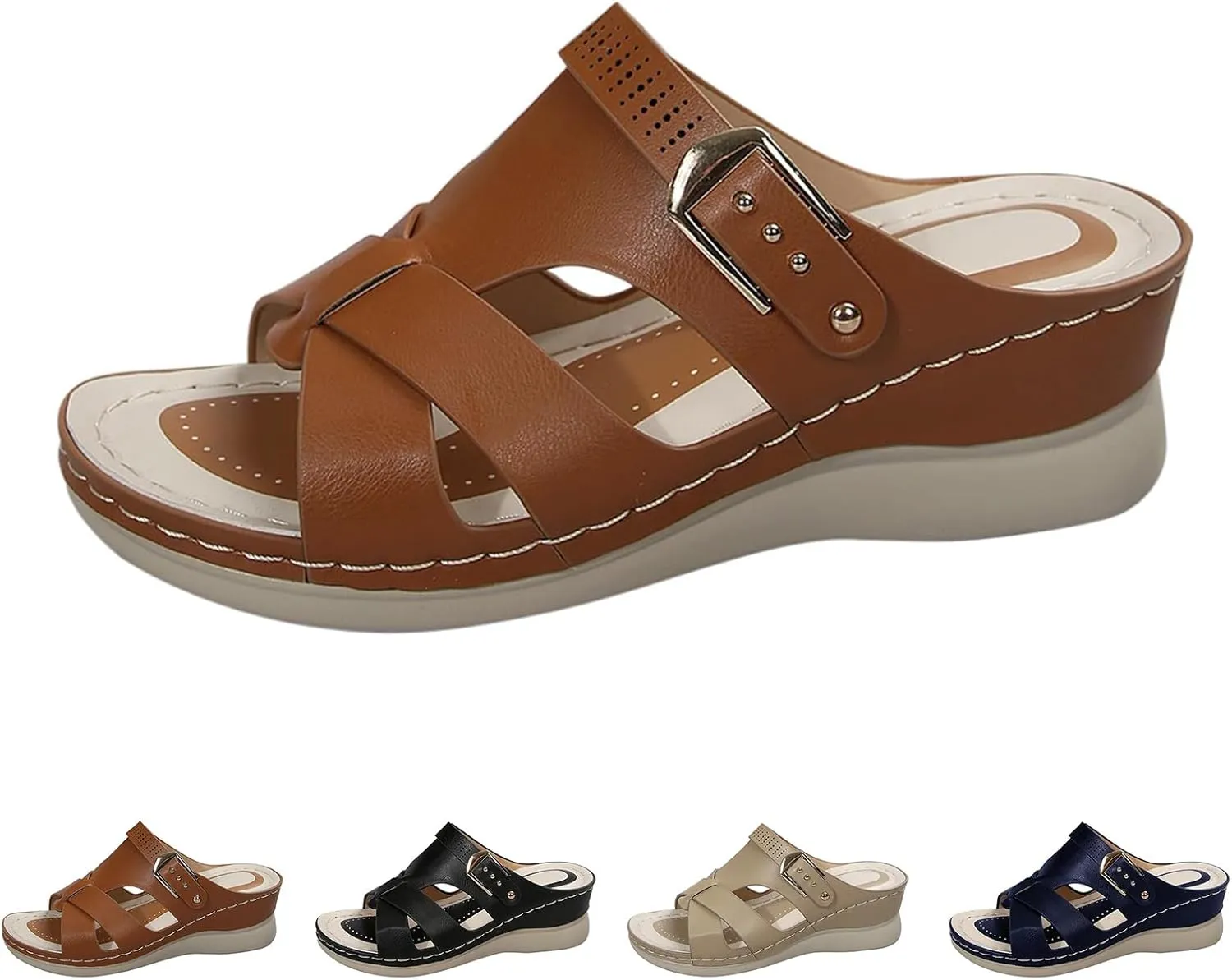 Women's Comfortable Sandals with Arch Suppor Open Toe Cross Strap Slip On Wedge Sandals Soft Sole Casual Buckle Slippers for Summer Beach Oceanside Holiday Outdoor