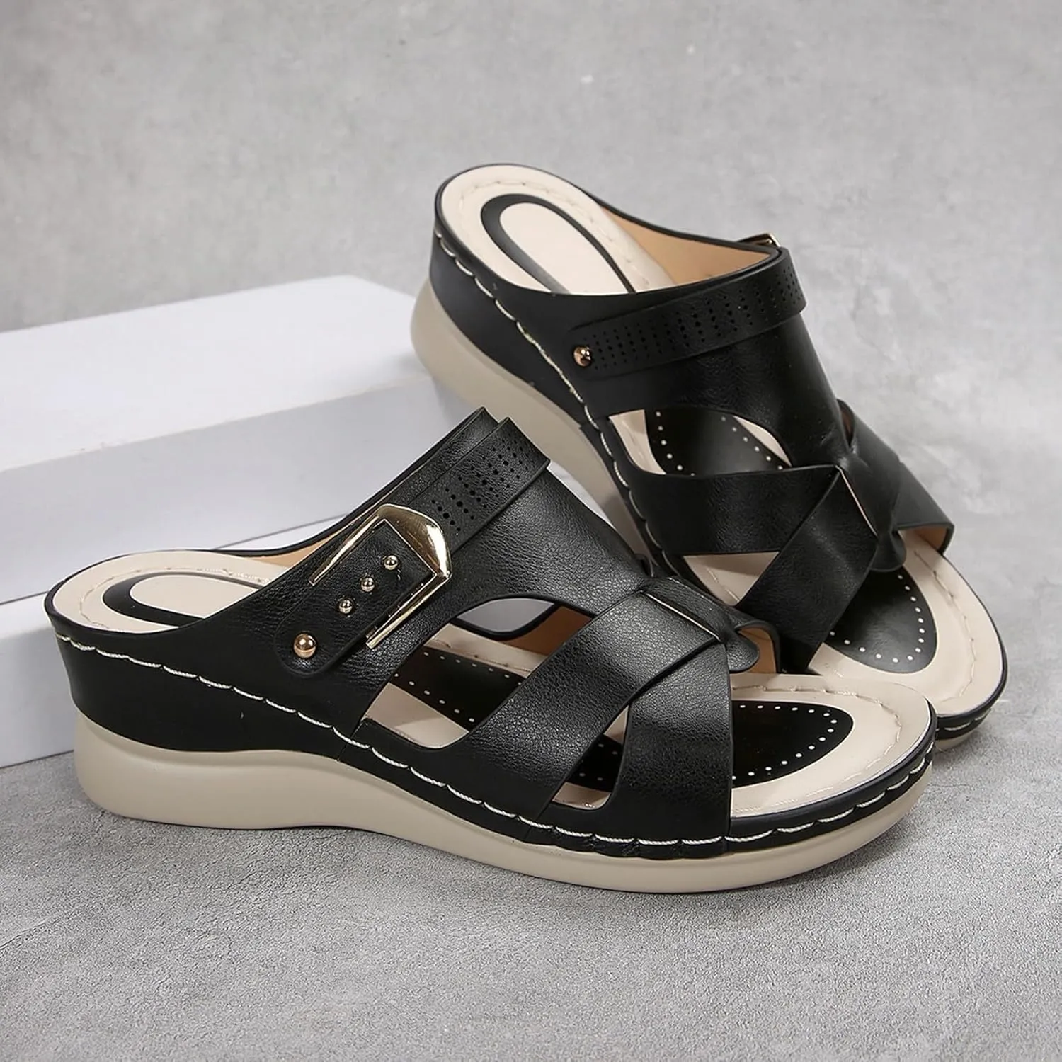 Women's Comfortable Sandals with Arch Suppor Open Toe Cross Strap Slip On Wedge Sandals Soft Sole Casual Buckle Slippers for Summer Beach Oceanside Holiday Outdoor