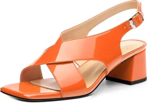 Women's Criss Cross Sandals Square Open Toe Block Chunky Low Heel Slingback Ankle Strap Adjustable with Buckle Patent Dating Fashion Dress Shoes 2 Inch