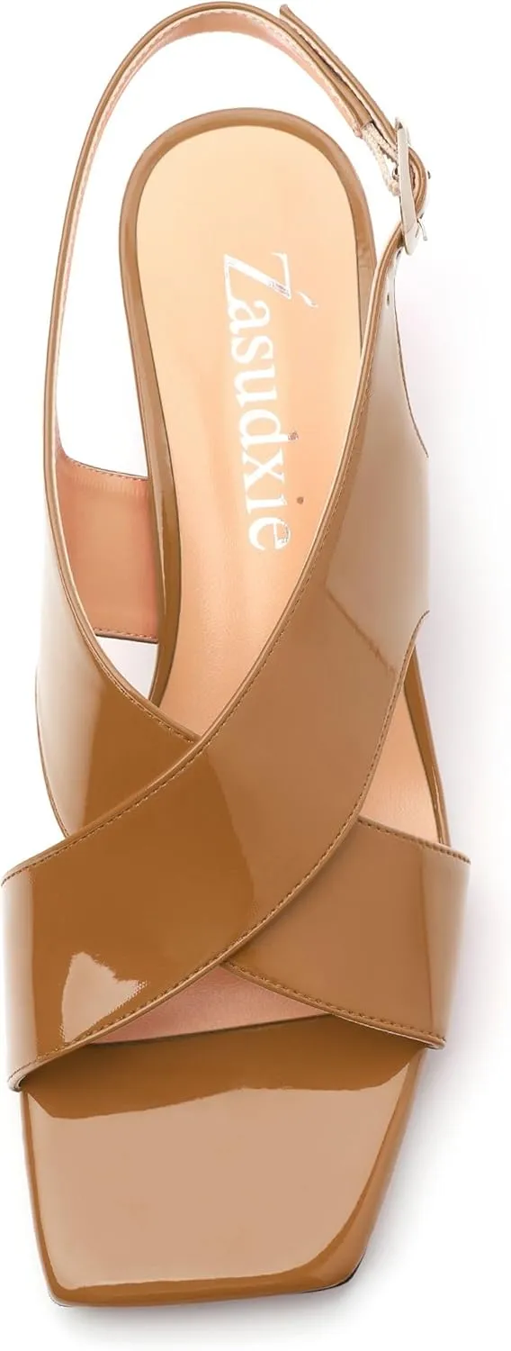 Women's Criss Cross Sandals Square Open Toe Block Chunky Low Heel Slingback Ankle Strap Adjustable with Buckle Patent Dating Fashion Dress Shoes 2 Inch