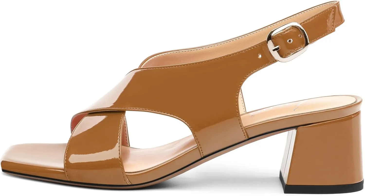 Women's Criss Cross Sandals Square Open Toe Block Chunky Low Heel Slingback Ankle Strap Adjustable with Buckle Patent Dating Fashion Dress Shoes 2 Inch