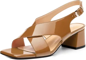 Women's Criss Cross Sandals Square Open Toe Block Chunky Low Heel Slingback Ankle Strap Adjustable with Buckle Patent Dating Fashion Dress Shoes 2 Inch