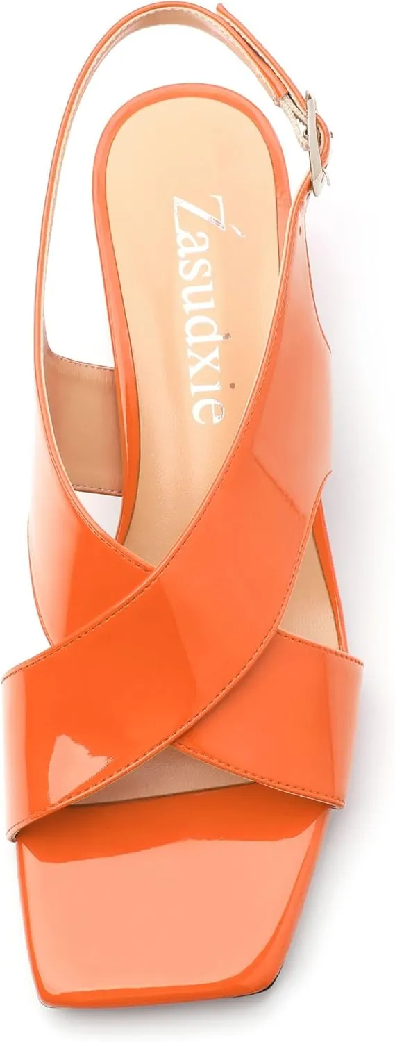 Women's Criss Cross Sandals Square Open Toe Block Chunky Low Heel Slingback Ankle Strap Adjustable with Buckle Patent Dating Fashion Dress Shoes 2 Inch