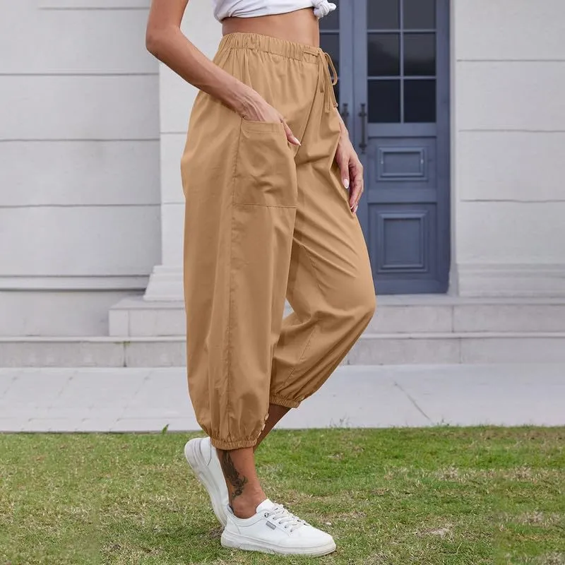 Women's Cropped Capri Pants Elastic Waist Drawstring Yoga Pant Lounge Baggy Trousers Capris Pants with Pockets