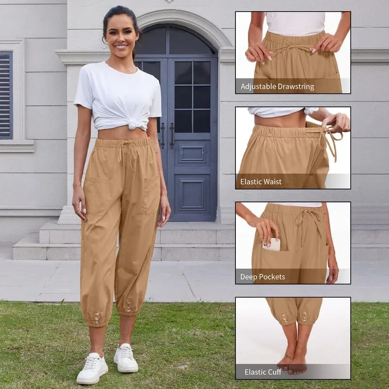 Women's Cropped Capri Pants Elastic Waist Drawstring Yoga Pant Lounge Baggy Trousers Capris Pants with Pockets