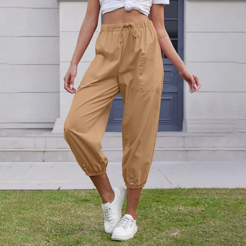 Women's Cropped Capri Pants Elastic Waist Drawstring Yoga Pant Lounge Baggy Trousers Capris Pants with Pockets