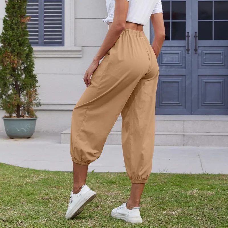 Women's Cropped Capri Pants Elastic Waist Drawstring Yoga Pant Lounge Baggy Trousers Capris Pants with Pockets