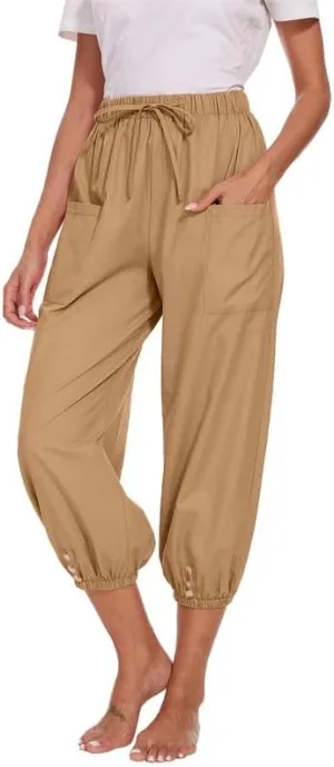 Women's Cropped Capri Pants Elastic Waist Drawstring Yoga Pant Lounge Baggy Trousers Capris Pants with Pockets