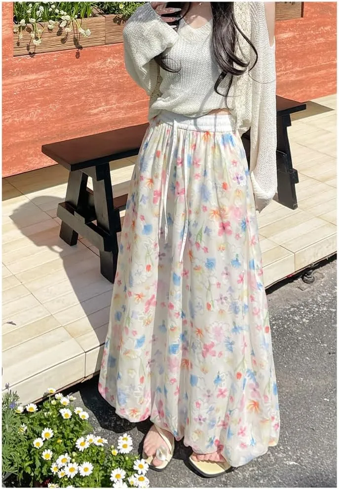 Womens Cute Flowy Summer Skirt Coquette Floral A Line Long Satin Skirts Vacation Beach Boho Drawstring Chiffon Skirt