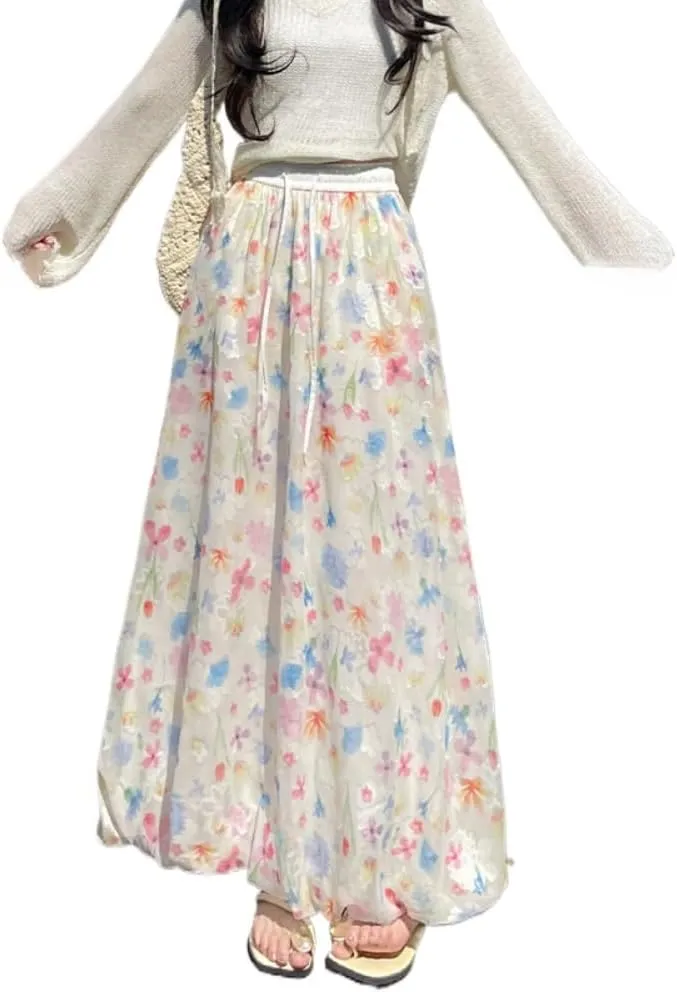 Womens Cute Flowy Summer Skirt Coquette Floral A Line Long Satin Skirts Vacation Beach Boho Drawstring Chiffon Skirt