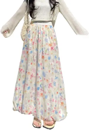 Womens Cute Flowy Summer Skirt Coquette Floral A Line Long Satin Skirts Vacation Beach Boho Drawstring Chiffon Skirt