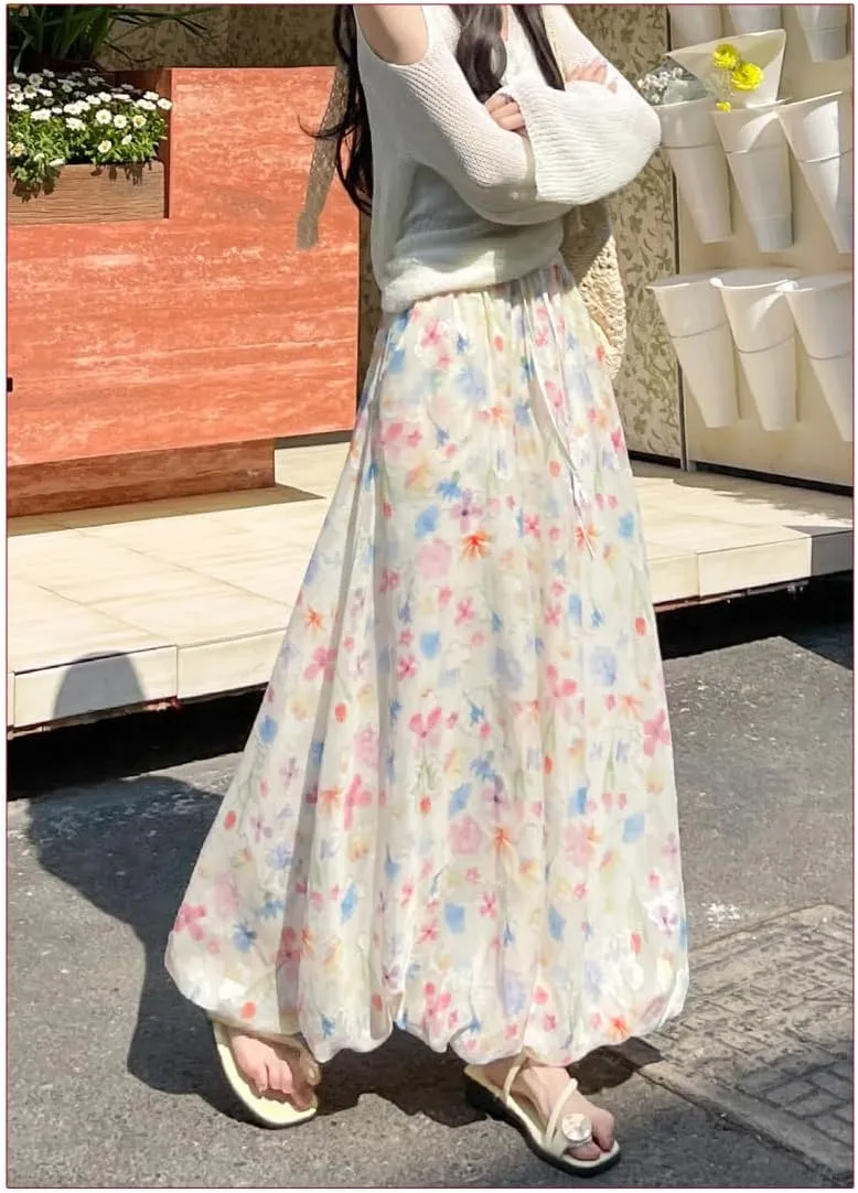 Womens Cute Flowy Summer Skirt Coquette Floral A Line Long Satin Skirts Vacation Beach Boho Drawstring Chiffon Skirt