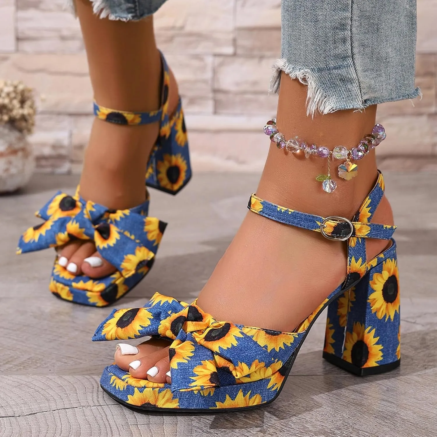 Women’s Floral Platform Heels – Chunky High Heels with Bow Detail, Adjustable Ankle Strap Sandals for Dressy and Casual Occasions