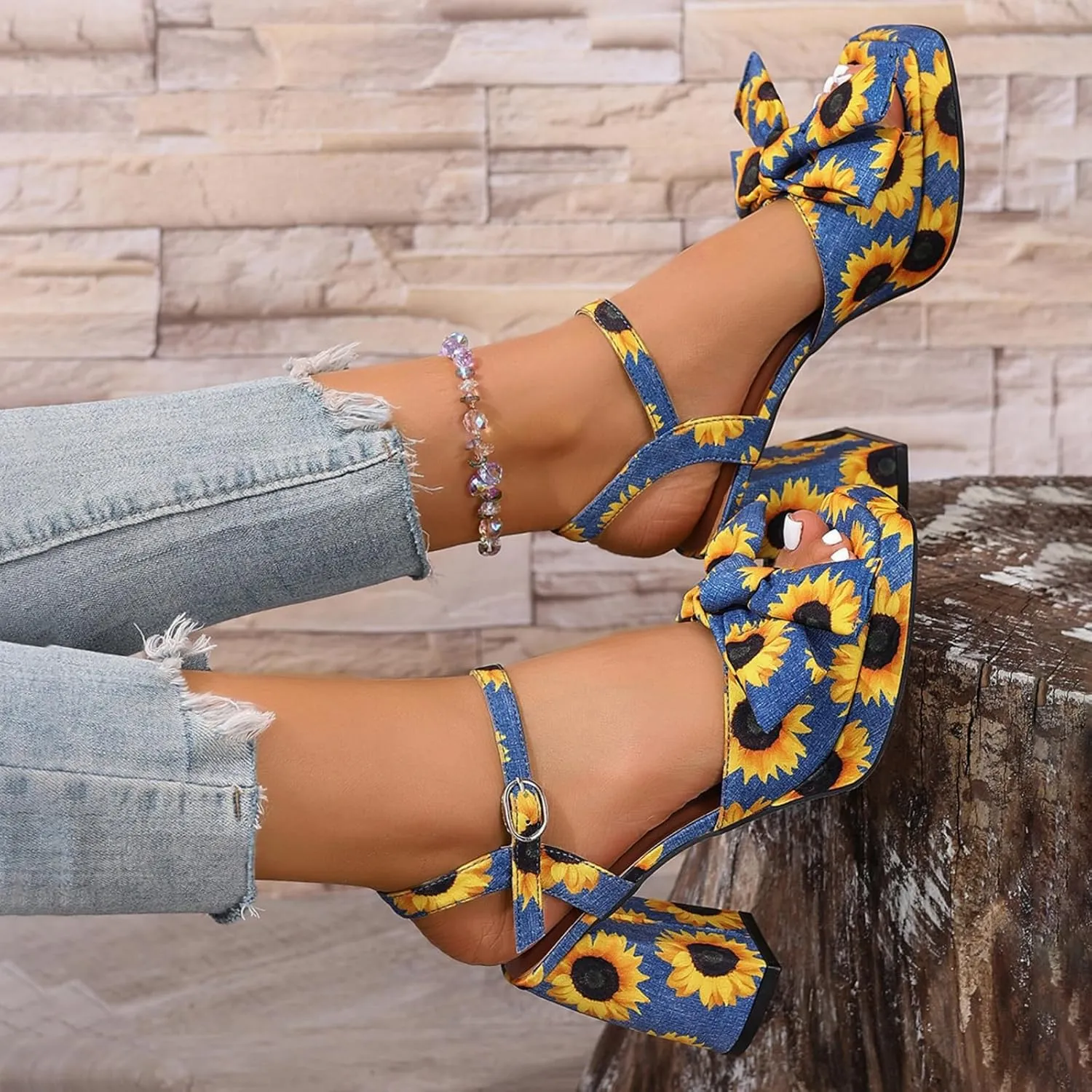 Women’s Floral Platform Heels – Chunky High Heels with Bow Detail, Adjustable Ankle Strap Sandals for Dressy and Casual Occasions