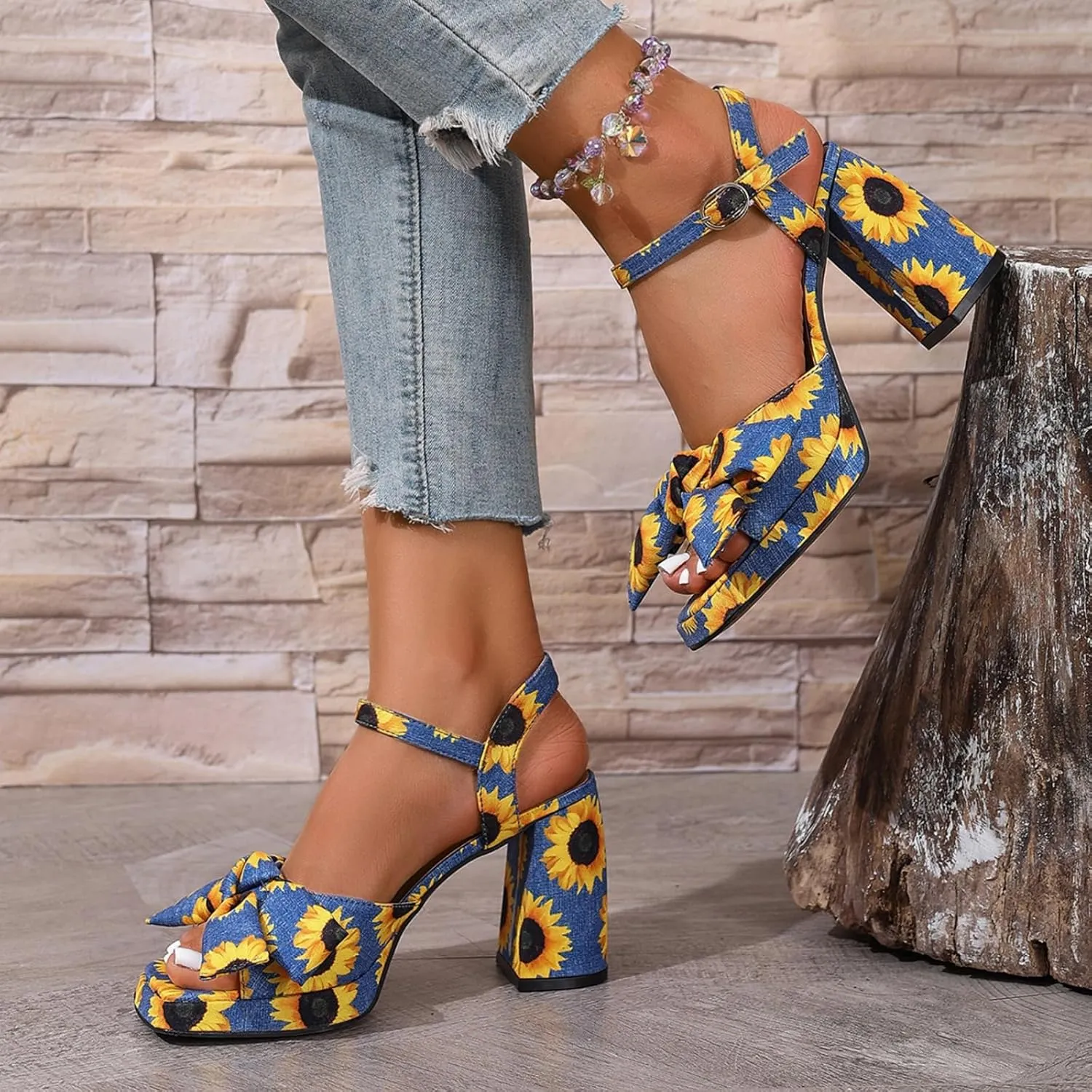 Women’s Floral Platform Heels – Chunky High Heels with Bow Detail, Adjustable Ankle Strap Sandals for Dressy and Casual Occasions