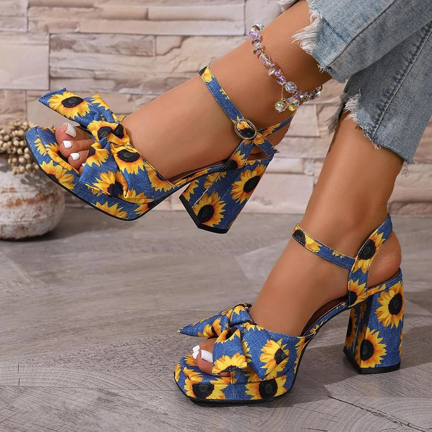 Women’s Floral Platform Heels – Chunky High Heels with Bow Detail, Adjustable Ankle Strap Sandals for Dressy and Casual Occasions