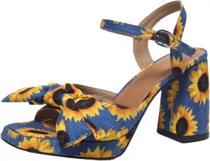 Women’s Floral Platform Heels – Chunky High Heels with Bow Detail, Adjustable Ankle Strap Sandals for Dressy and Casual Occasions
