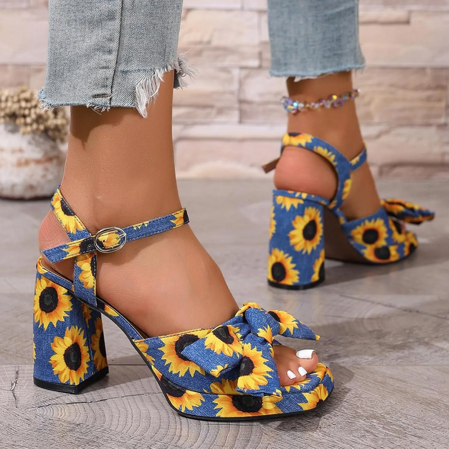 Women’s Floral Platform Heels – Chunky High Heels with Bow Detail, Adjustable Ankle Strap Sandals for Dressy and Casual Occasions