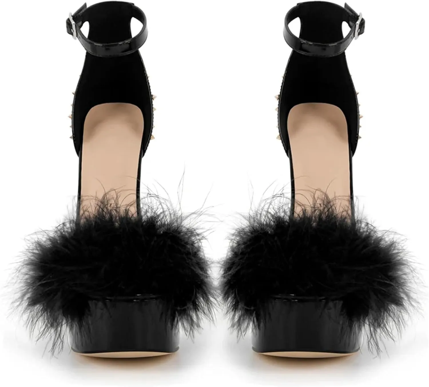 Women's Furry Rivet Sandals - Peep Toe Stiletto Evening Platforms